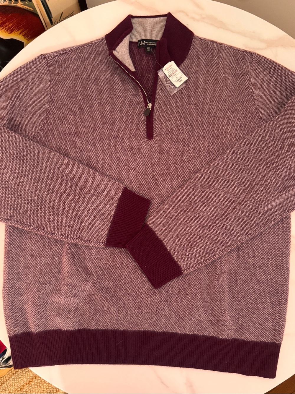 Neiman Marcus Men's 1/4 Zip-100% Cashmere Sweater Burgundy. XXL NEW Contrast Cuf